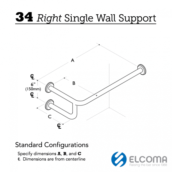 34 Right Single Wall Support Grab Bar